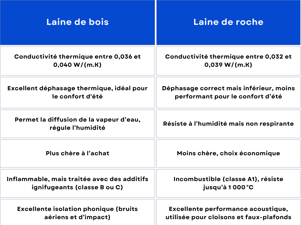 tableau comparatif laine de bois ou laine de roche