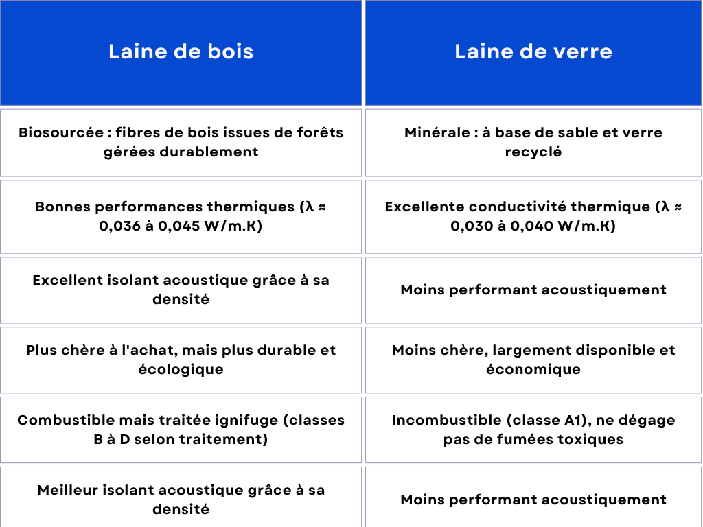 tableau comparatif laine de bois ou laine de verre